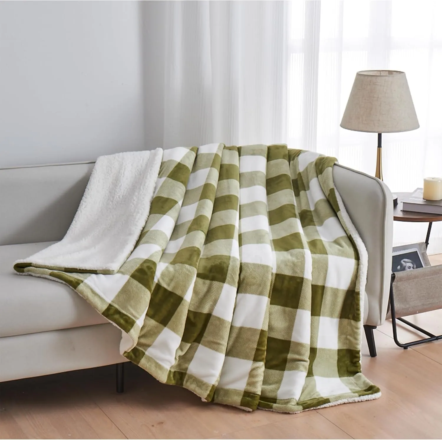 Great Bay Home Sherpa Fleece and Velvet Plush Throw Blanket, Thick Blanket for Chair, Sofa, or Bed. Warm, Reversible, Soft Fleece Throw Blanket. Kinsley Collection, Olive Green Buffalo Check