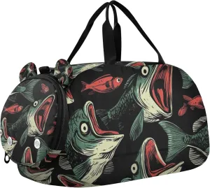 Green Fish Black Duffle Bag for Toddler Girls Boys, Sports Gym Bag with Shoe Compartments, Kids Travel Overnight Weekender Shoulder Bag