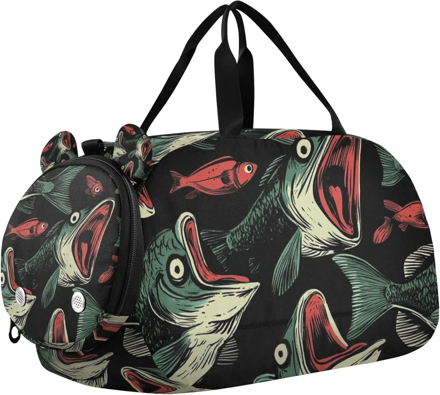 Green Fish Black Duffle Bag for Toddler Girls Boys, Sports Gym Bag with Shoe Compartments, Kids Travel Overnight Weekender Shoulder Bag