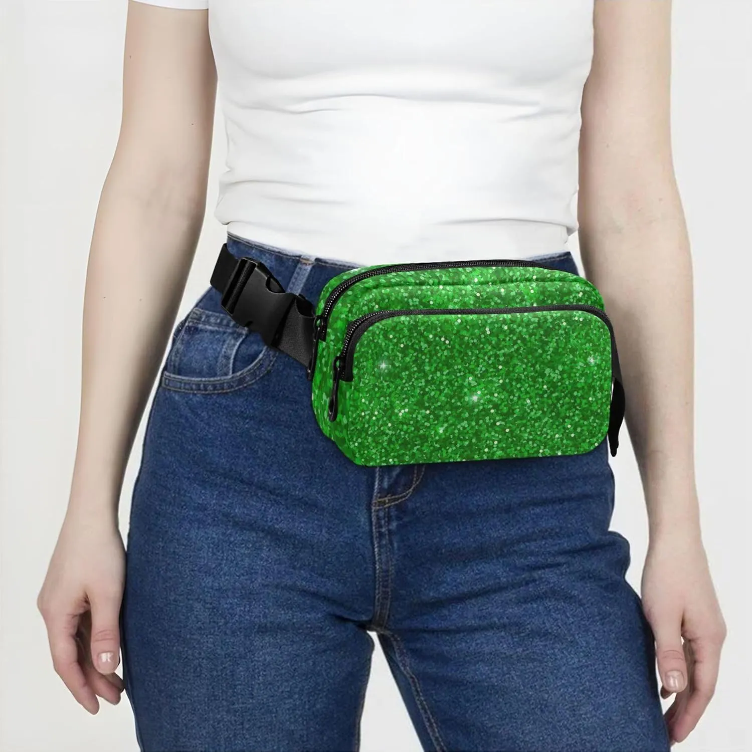 Green Glitter Womens Fanny Pack Fashion Everywhere Belt Bag Waterproof Cross Body Waist Pack