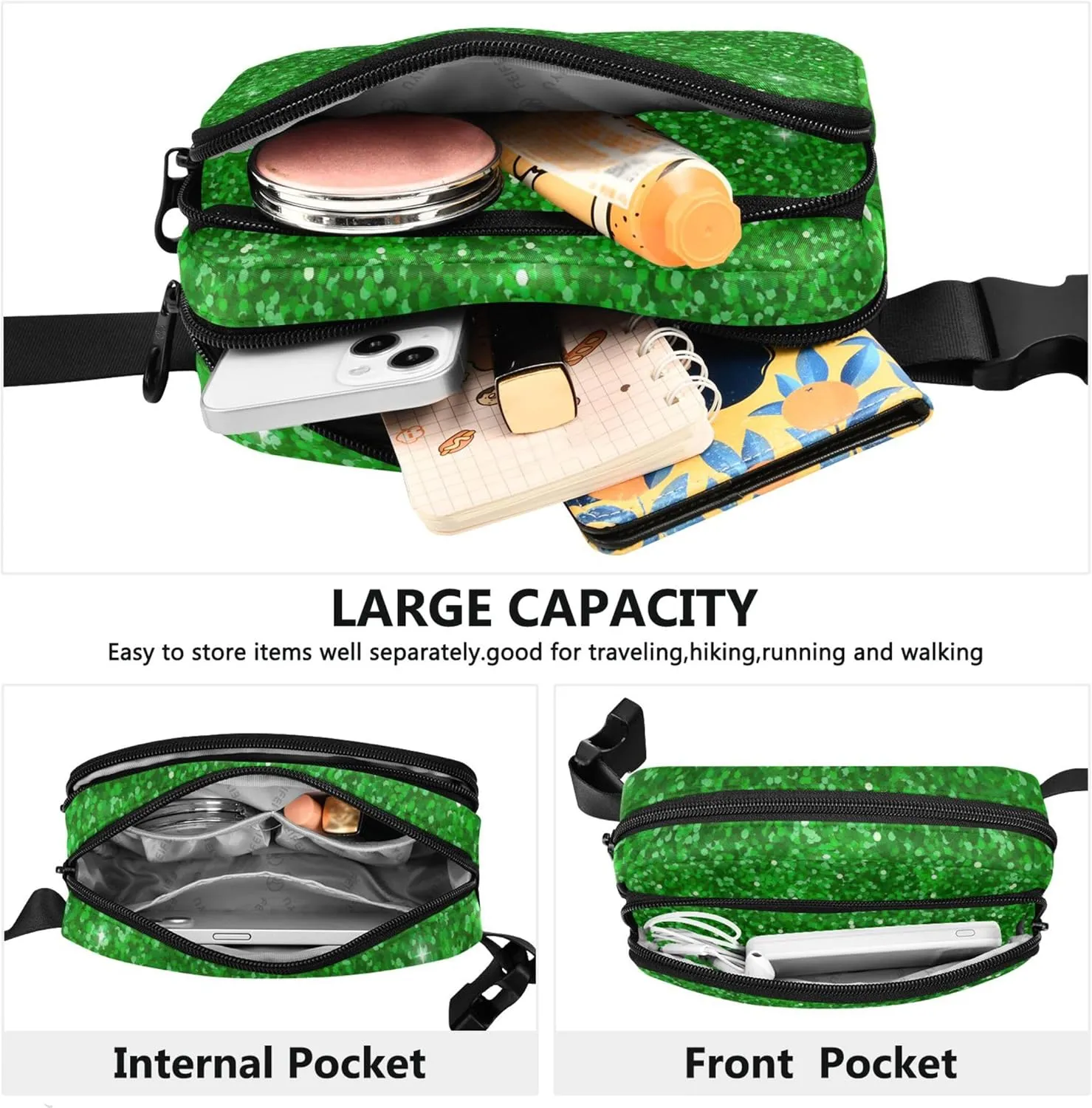 Green Glitter Womens Fanny Pack Fashion Everywhere Belt Bag Waterproof Cross Body Waist Pack