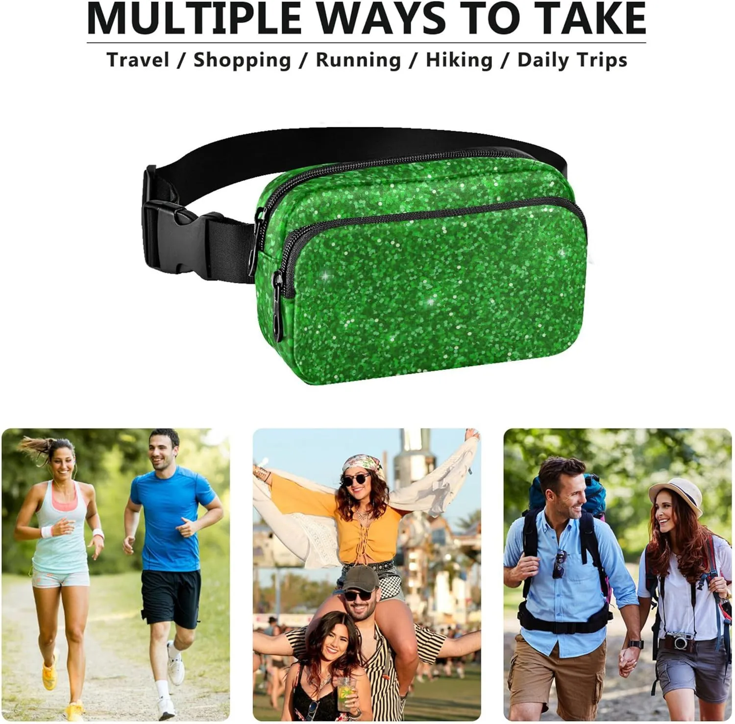 Green Glitter Womens Fanny Pack Fashion Everywhere Belt Bag Waterproof Cross Body Waist Pack