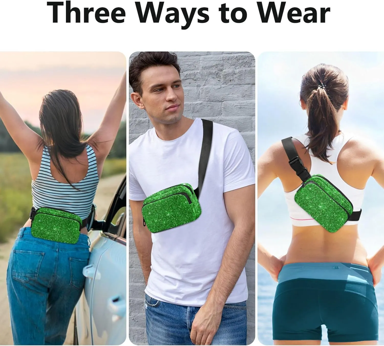 Green Glitter Womens Fanny Pack Fashion Everywhere Belt Bag Waterproof Cross Body Waist Pack
