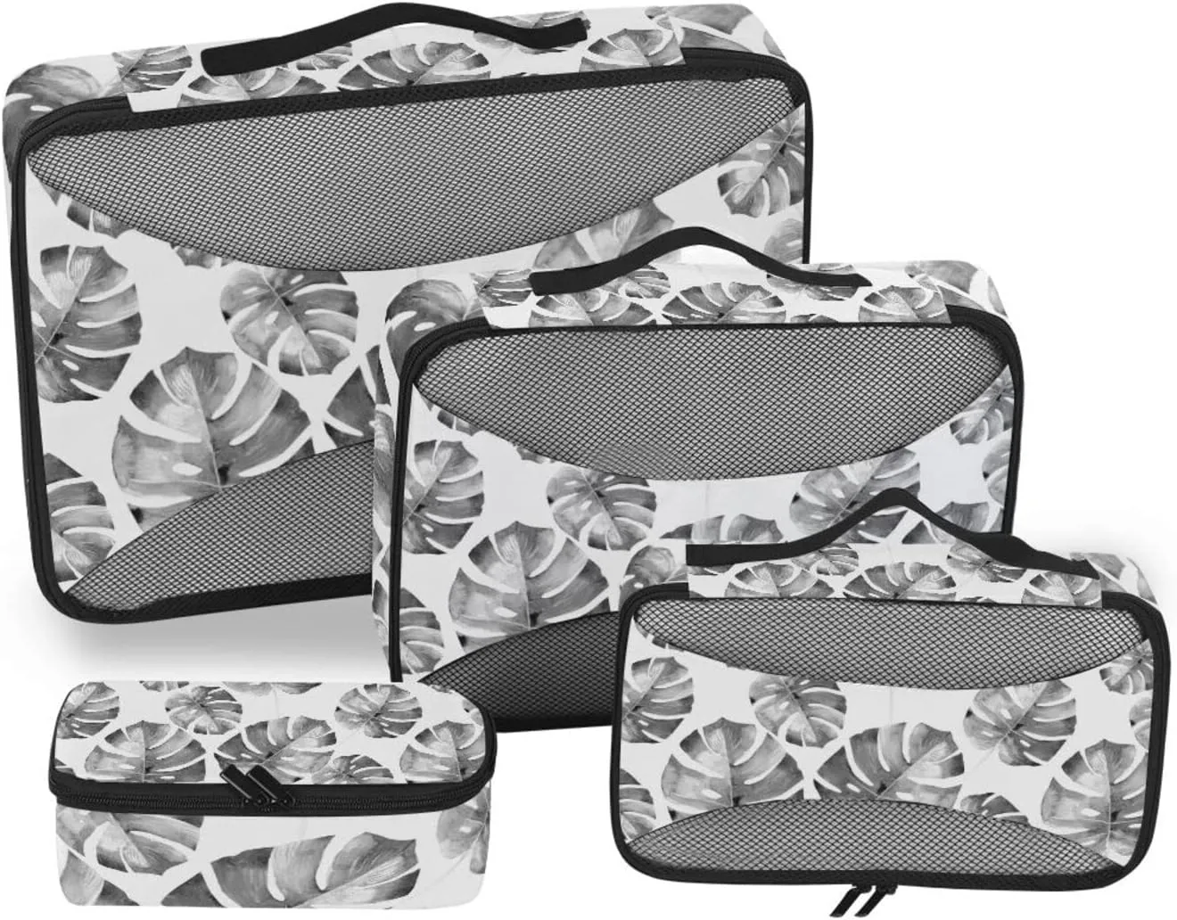 Grey Tropical Palm leaves, Seamless Jungle Leaves on White 4 PCs Set Packing Bags, Luggage Organizer Bag, Portable Cube Toiletry bag, Durable Travel Cosmetic Storage Bag for Men Women
