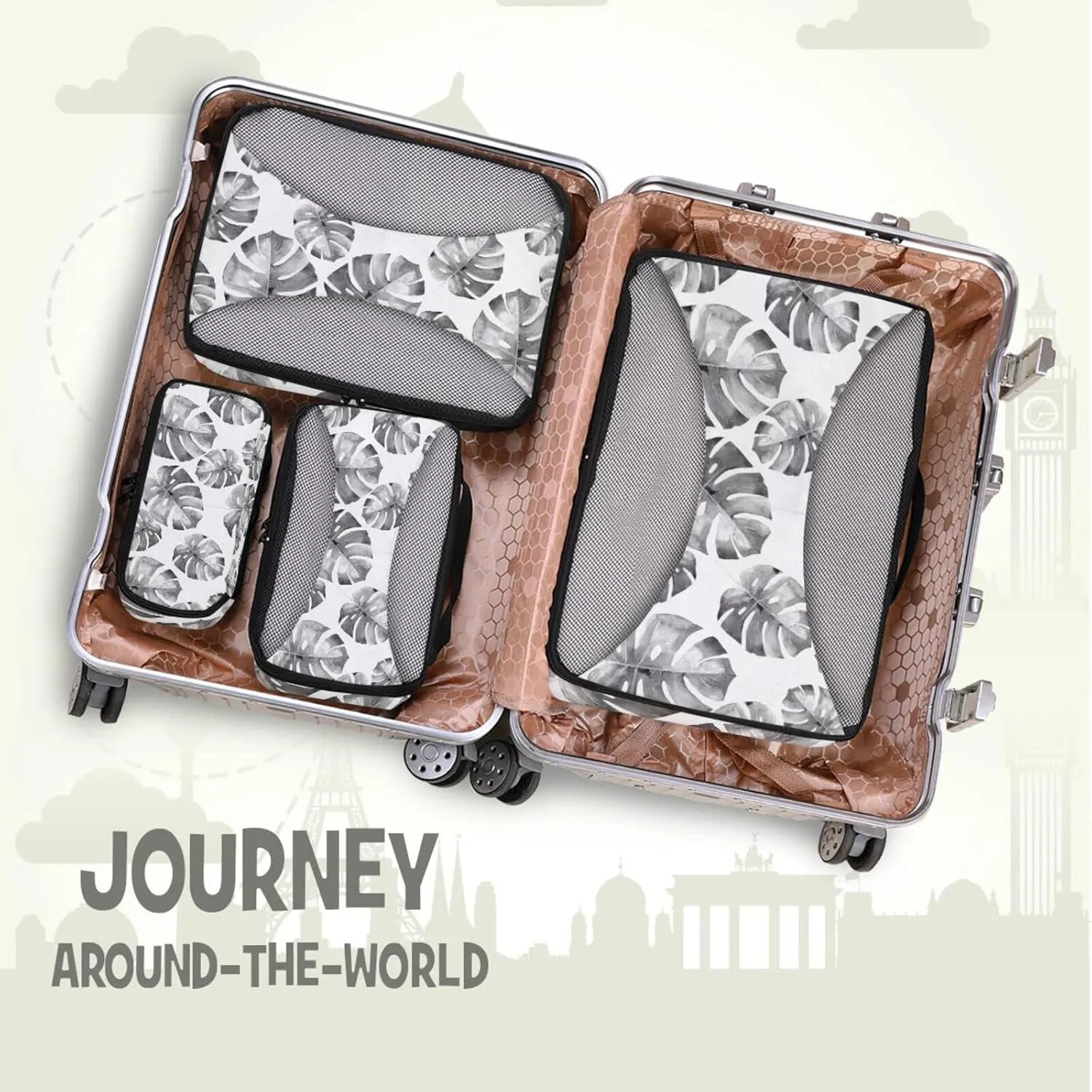 Grey Tropical Palm leaves, Seamless Jungle Leaves on White 4 PCs Set Packing Bags, Luggage Organizer Bag, Portable Cube Toiletry bag, Durable Travel Cosmetic Storage Bag for Men Women