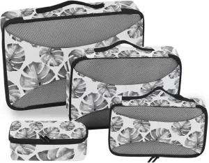 Grey Tropical Palm leaves, Seamless Jungle Leaves on White 4 PCs Set Packing Bags, Luggage Organizer Bag, Portable Cube Toiletry bag, Durable Travel Cosmetic Storage Bag for Men Women