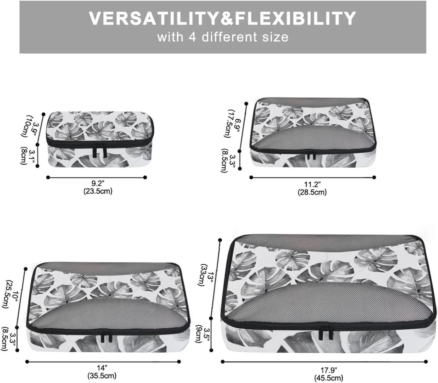 Grey Tropical Palm leaves, Seamless Jungle Leaves on White 4 PCs Set Packing Bags, Luggage Organizer Bag, Portable Cube Toiletry bag, Durable Travel Cosmetic Storage Bag for Men Women