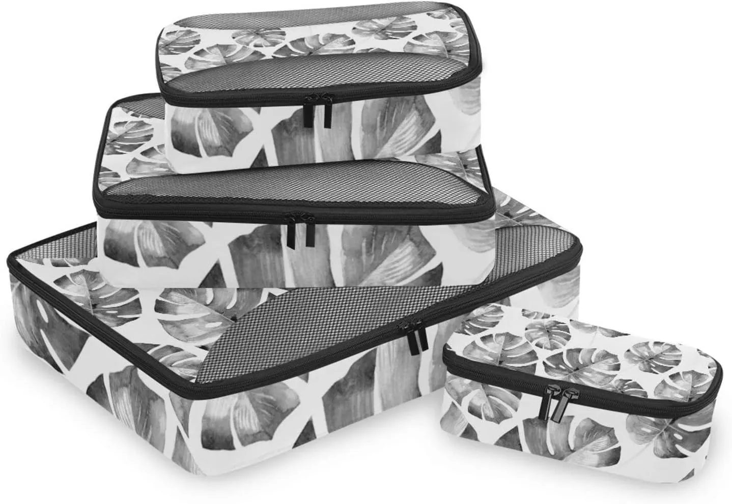 Grey Tropical Palm leaves, Seamless Jungle Leaves on White 4 PCs Set Packing Bags, Luggage Organizer Bag, Portable Cube Toiletry bag, Durable Travel Cosmetic Storage Bag for Men Women