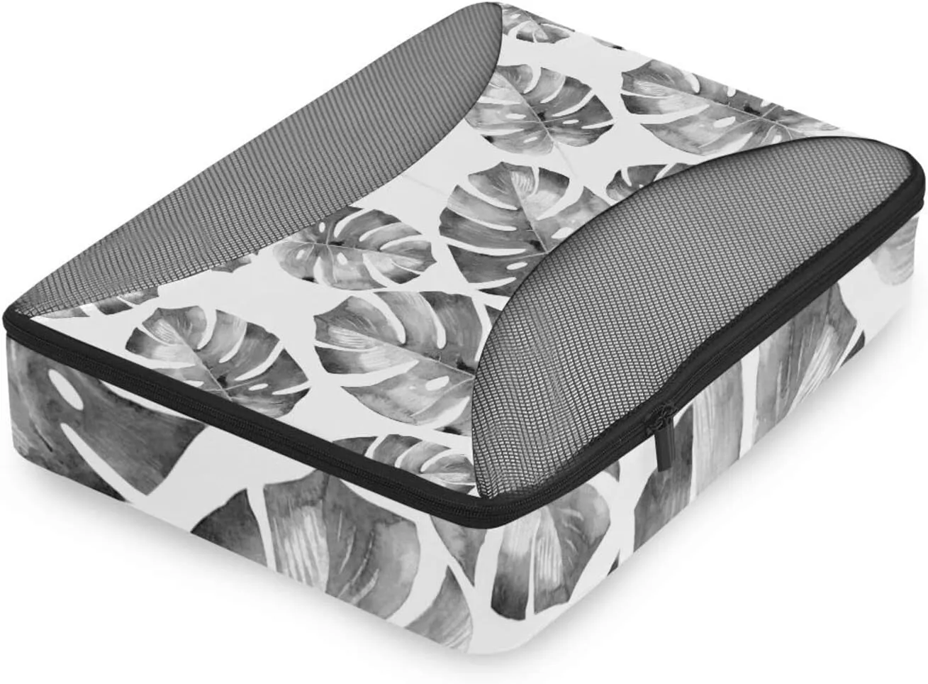 Grey Tropical Palm leaves, Seamless Jungle Leaves on White 4 PCs Set Packing Bags, Luggage Organizer Bag, Portable Cube Toiletry bag, Durable Travel Cosmetic Storage Bag for Men Women
