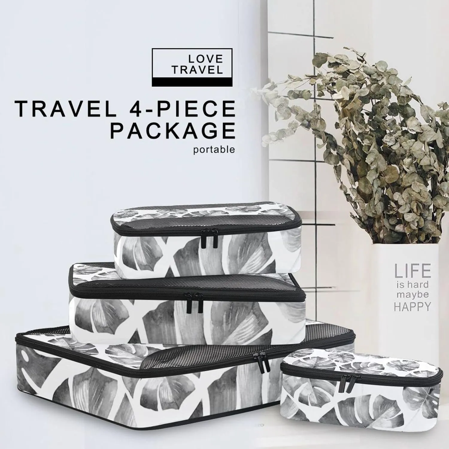 Grey Tropical Palm leaves, Seamless Jungle Leaves on White 4 PCs Set Packing Bags, Luggage Organizer Bag, Portable Cube Toiletry bag, Durable Travel Cosmetic Storage Bag for Men Women