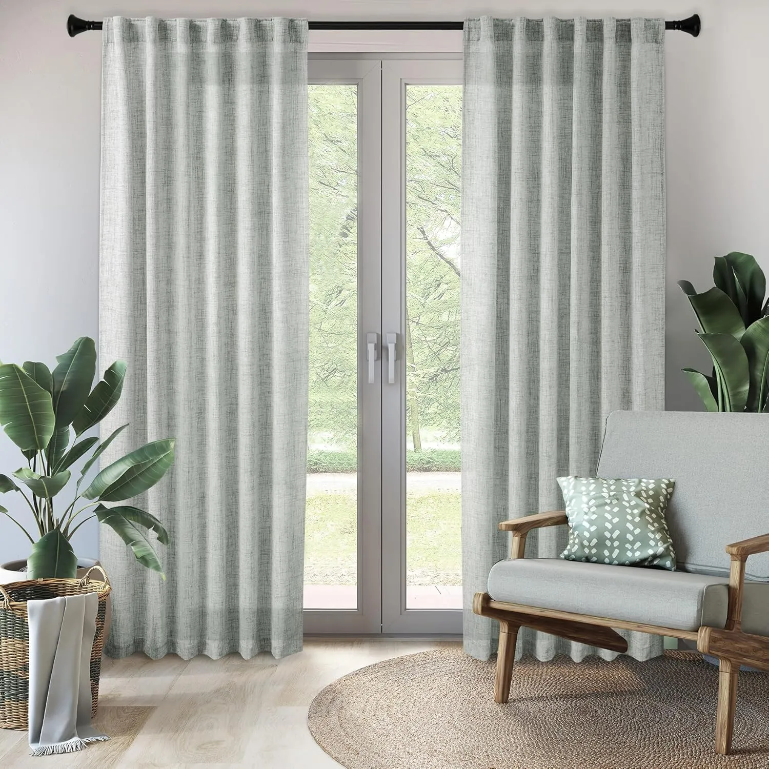 Greyish Green Linen Curtains 84 Inches Long for Living Room, Back Tab Rod Pocket Light Filtering Semi Sheer Window Drapes, Light Grey Green Boho Farmhouse Curtains for Bedroom 2 Panels Set Celadon