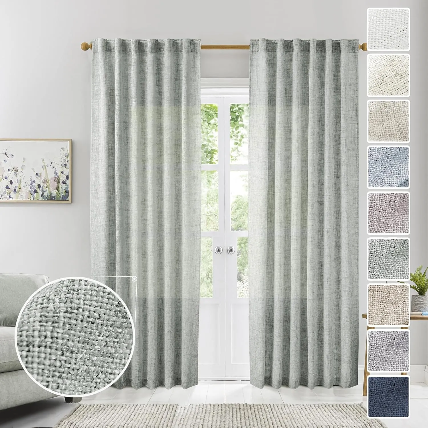 Greyish Green Linen Curtains 84 Inches Long for Living Room, Back Tab Rod Pocket Light Filtering Semi Sheer Window Drapes, Light Grey Green Boho Farmhouse Curtains for Bedroom 2 Panels Set Celadon
