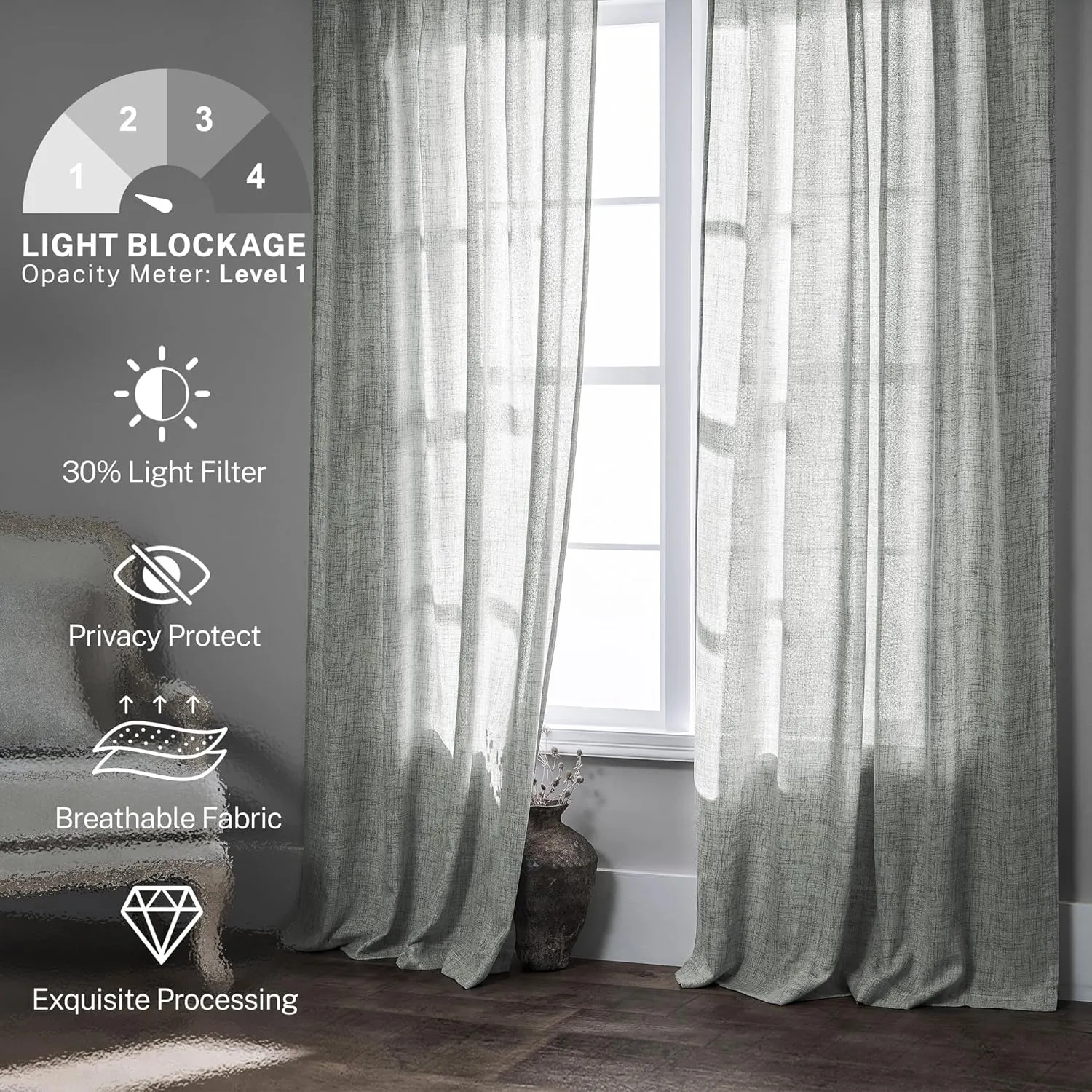 Greyish Green Linen Curtains 84 Inches Long for Living Room, Back Tab Rod Pocket Light Filtering Semi Sheer Window Drapes, Light Grey Green Boho Farmhouse Curtains for Bedroom 2 Panels Set Celadon