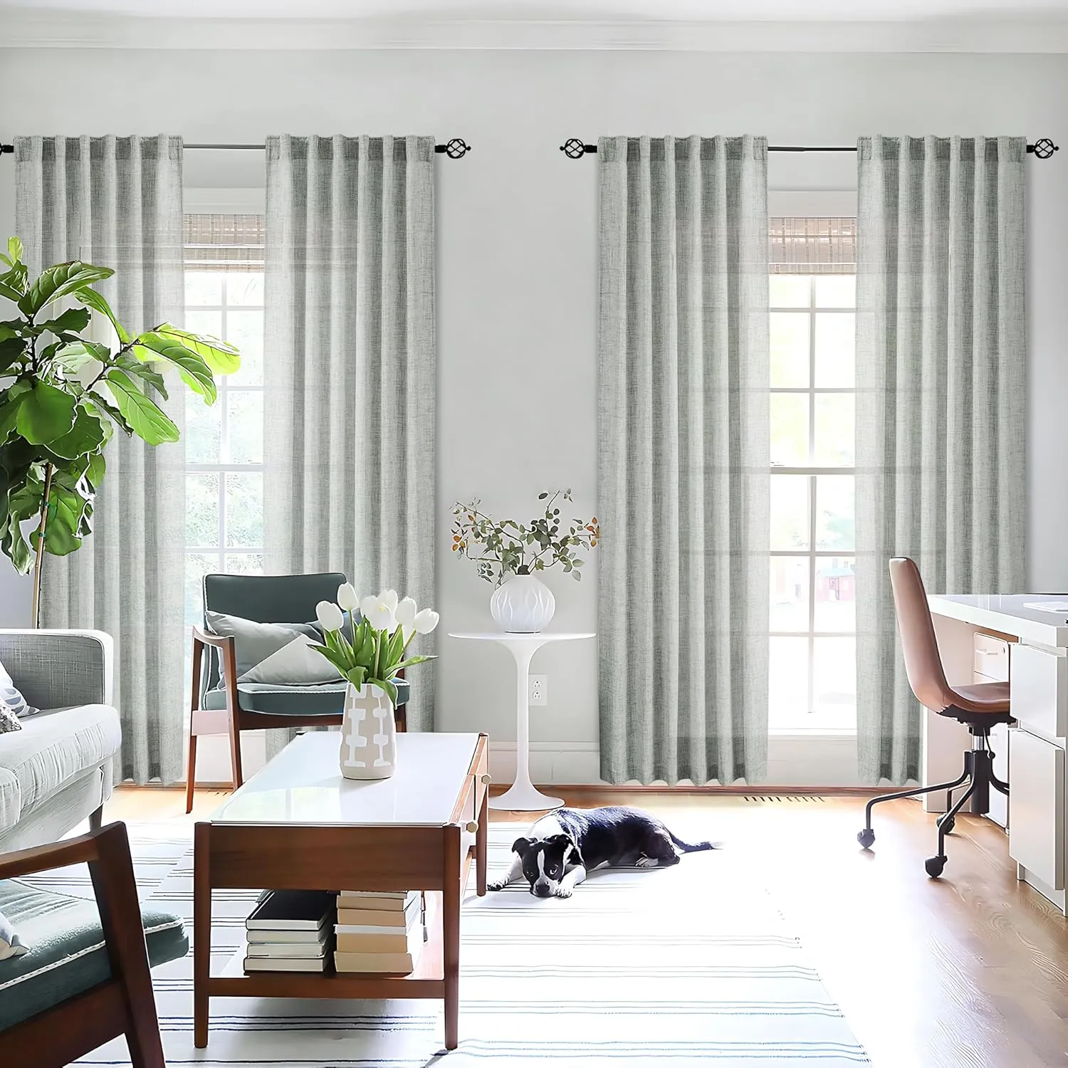 Greyish Green Linen Curtains 84 Inches Long for Living Room, Back Tab Rod Pocket Light Filtering Semi Sheer Window Drapes, Light Grey Green Boho Farmhouse Curtains for Bedroom 2 Panels Set Celadon