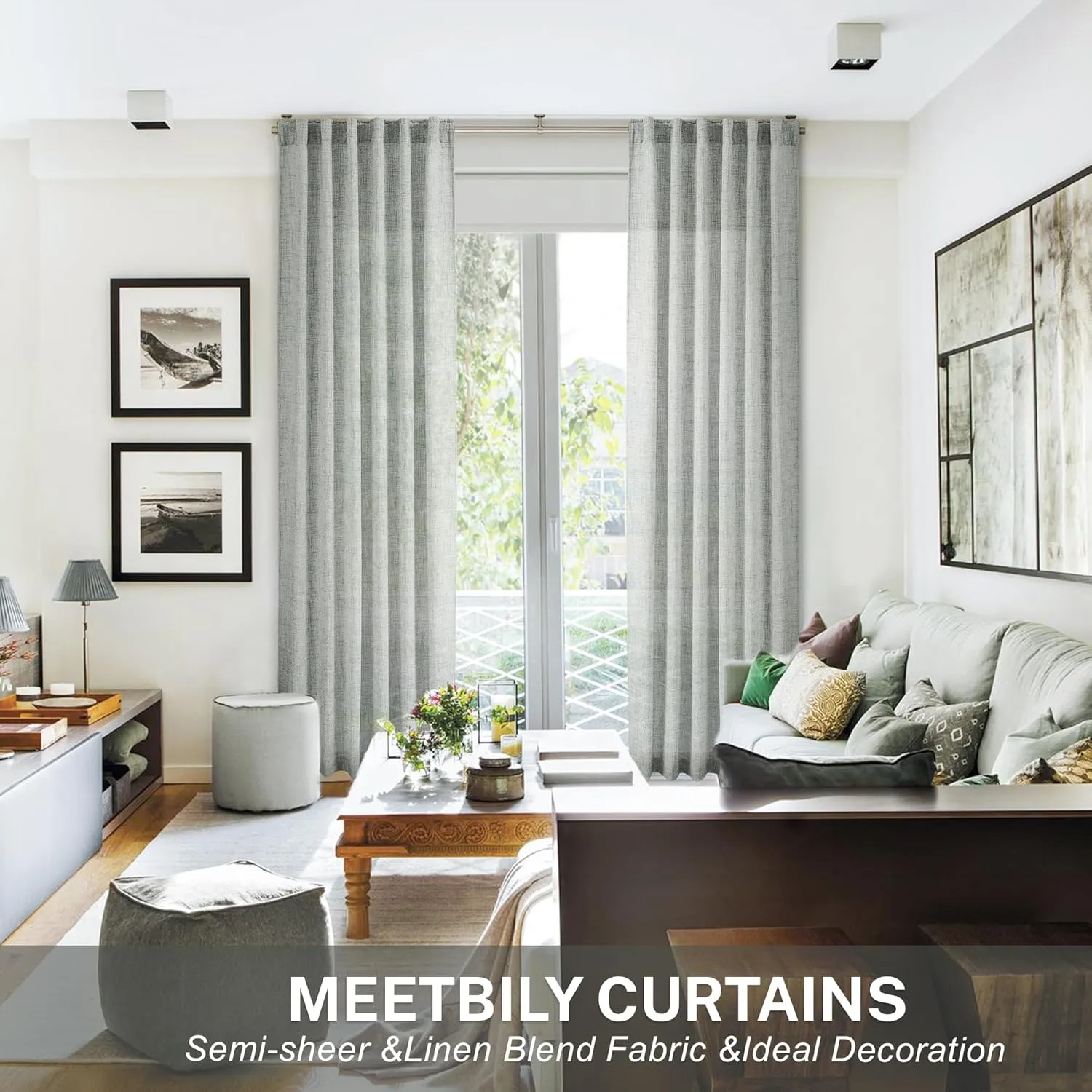 Greyish Green Linen Curtains 84 Inches Long for Living Room, Back Tab Rod Pocket Light Filtering Semi Sheer Window Drapes, Light Grey Green Boho Farmhouse Curtains for Bedroom 2 Panels Set Celadon
