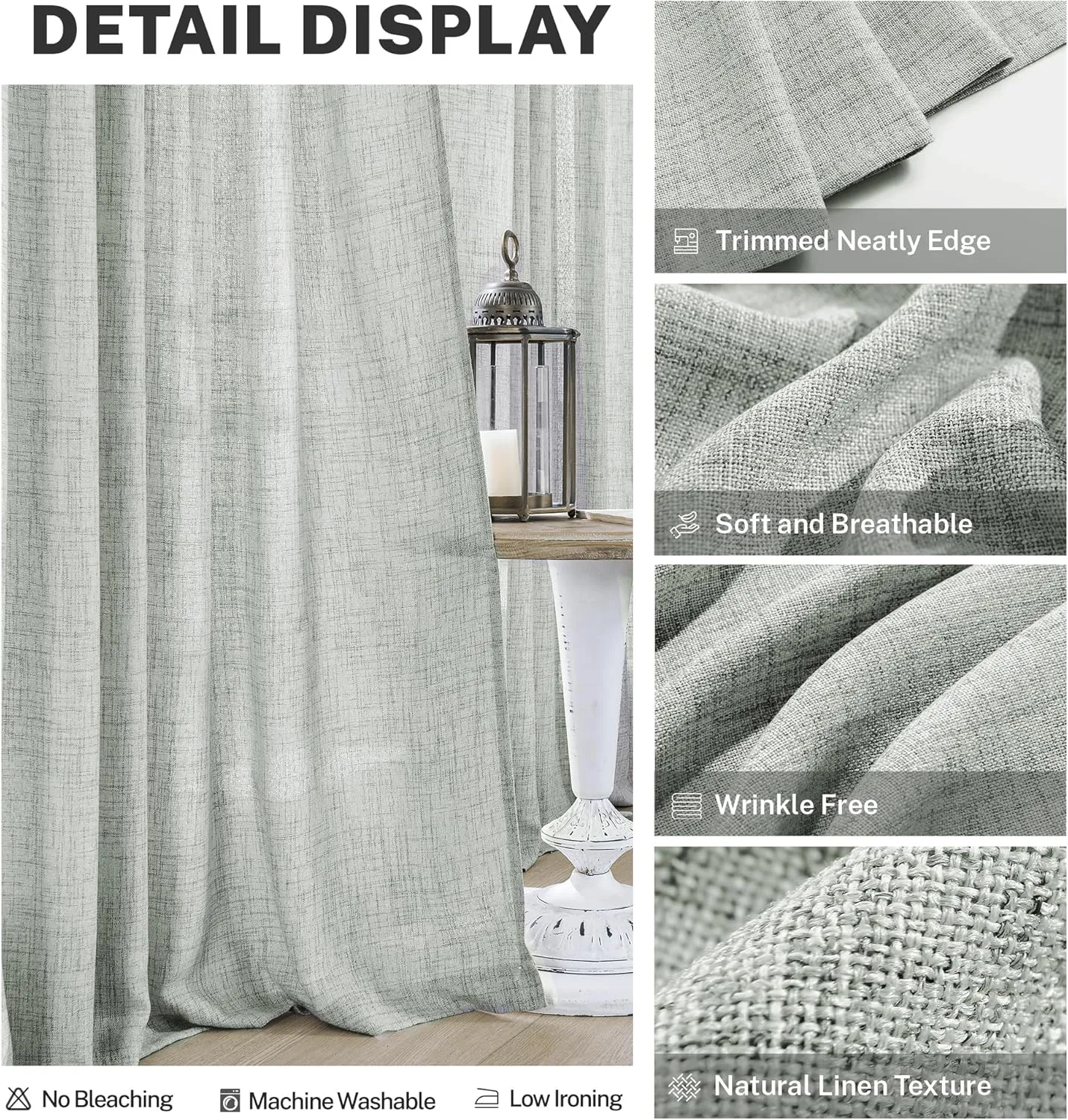 Greyish Green Linen Curtains 84 Inches Long for Living Room, Back Tab Rod Pocket Light Filtering Semi Sheer Window Drapes, Light Grey Green Boho Farmhouse Curtains for Bedroom 2 Panels Set Celadon