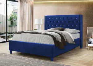 GTU Furniture King Size Velvet Fabric with Crystal Button Tufted upholstered Wingback Headboard Bed in Blue
