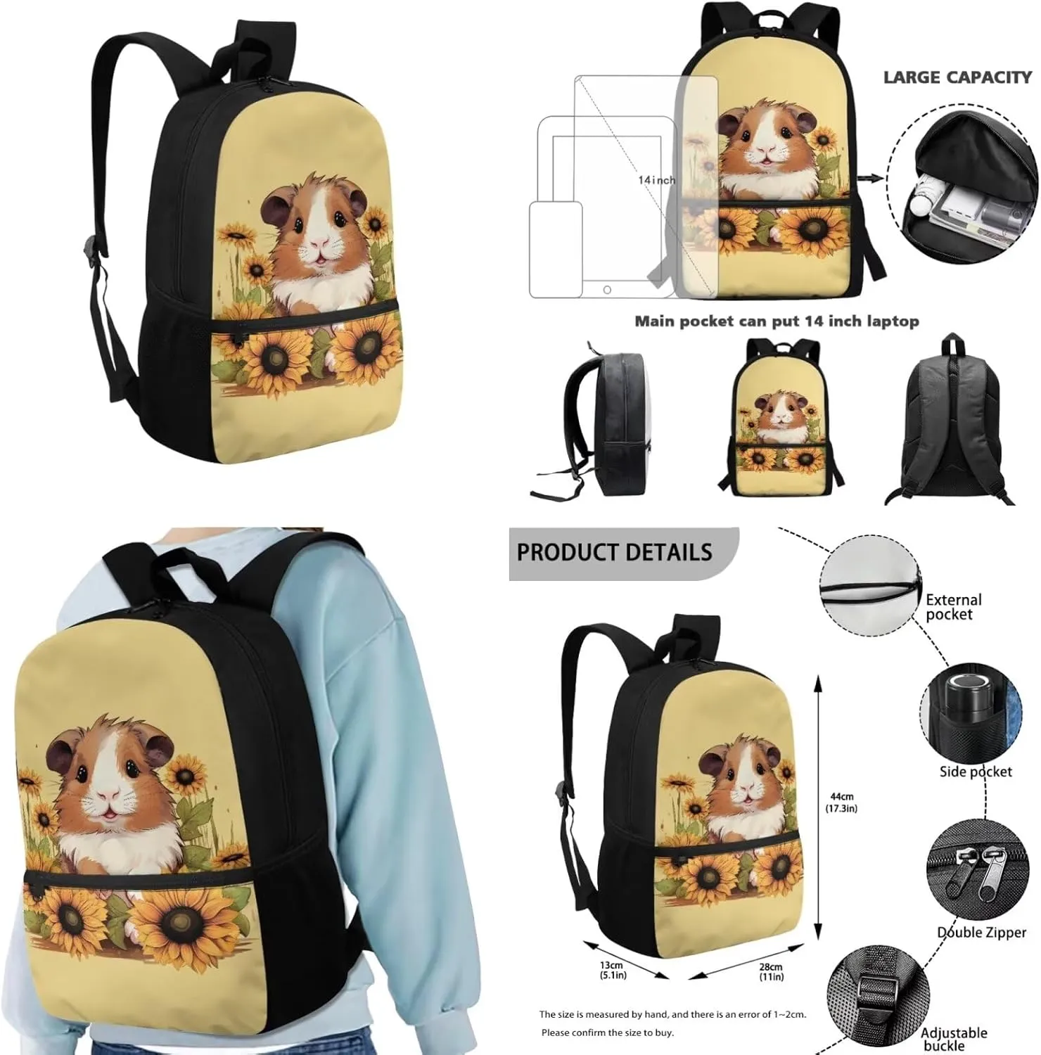 Guinea Pig Backpack for Girls Middle School Backpack and Lunch Bag Set for Girls Zipper Lightweight Materials 17 Inch Backpack 4-In-1 Efficient System