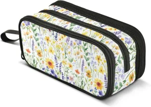 GuoChe Cute Spring Flowers Rustic White Nylon Boys Pencil Bag Large Capacity Pencil Storage Case Stationery for School Kids