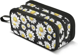 GuoChe Yellow White Daisies Flowers Nylon Pencil Case Pencil Bag Large Capacity Slot Pencil Case School Stationery for College Kids