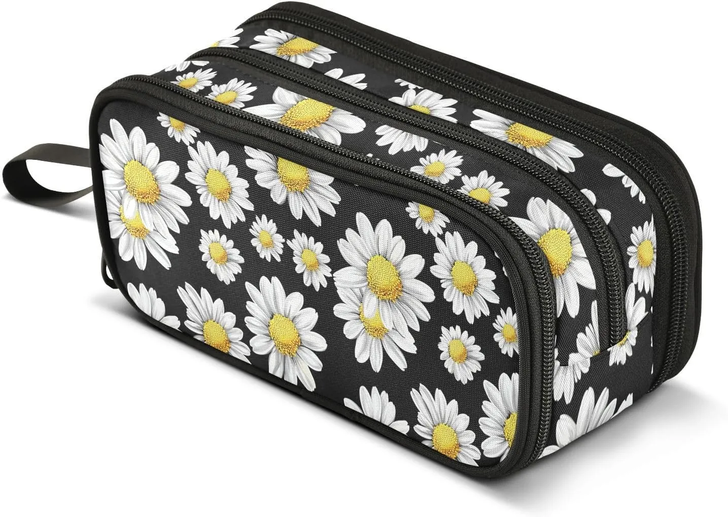 GuoChe Yellow White Daisies Flowers Nylon Pencil Case Pencil Bag Large Capacity Slot Pencil Case School Stationery for College Kids