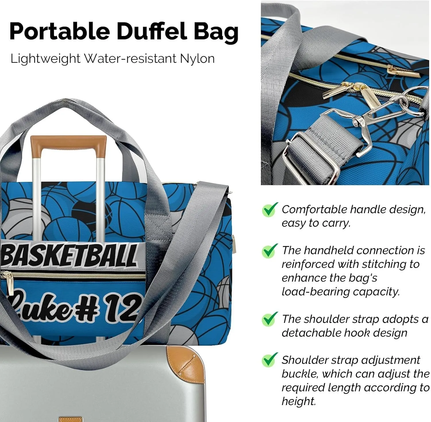 Gym Bags Custom Basketball Blue Black Gray Duffel Bag with Name Adjustable Shoulder Strap Travel Bag for Teens