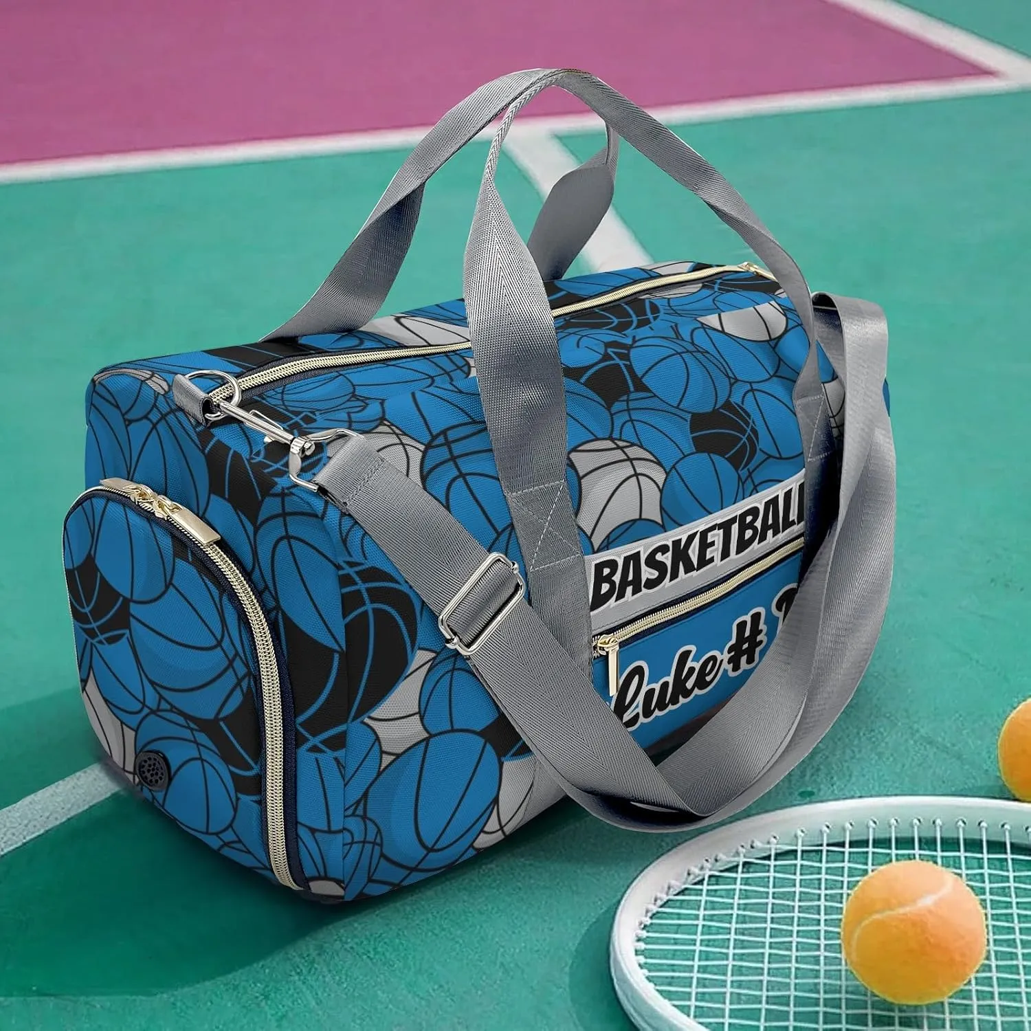 Gym Bags Custom Basketball Blue Black Gray Duffel Bag with Name Adjustable Shoulder Strap Travel Bag for Teens