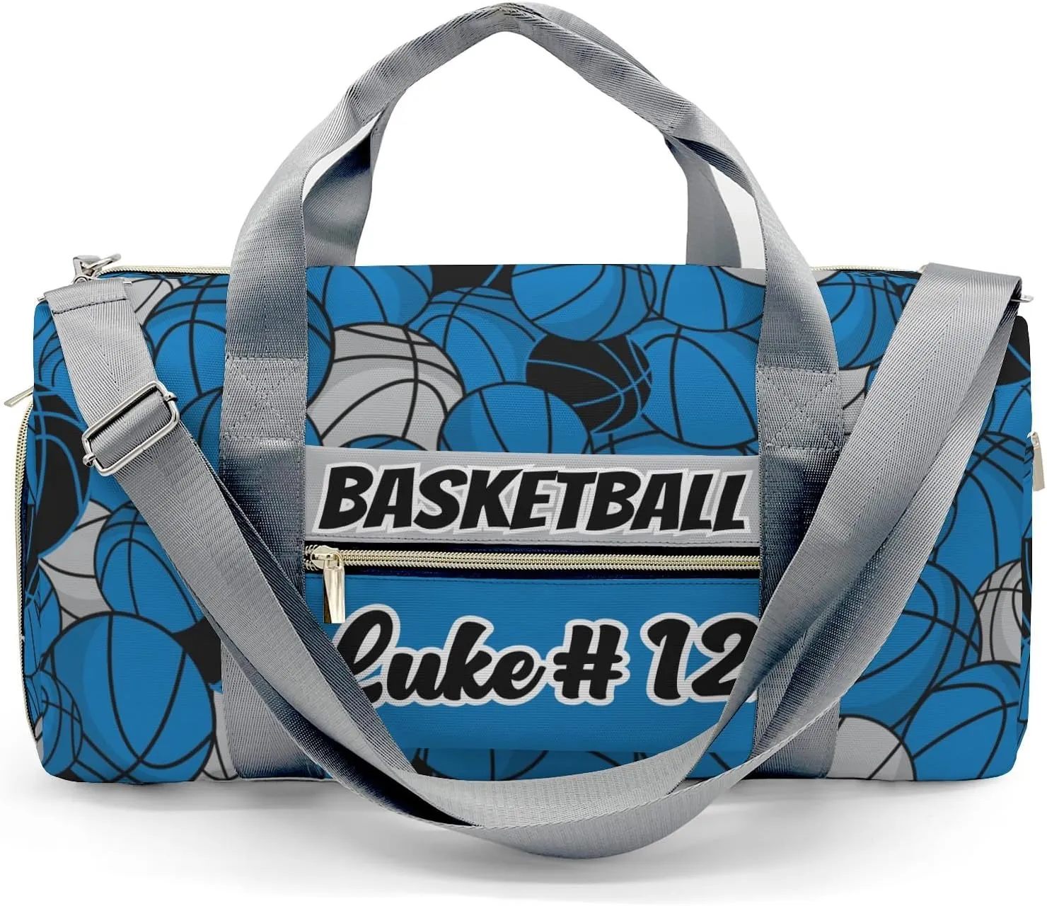 Gym Bags Custom Basketball Blue Black Gray Duffel Bag with Name Adjustable Shoulder Strap Travel Bag for Teens