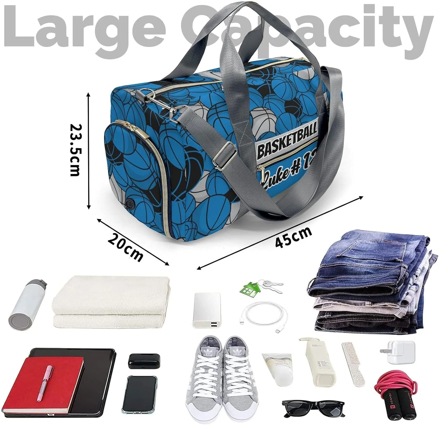 Gym Bags Custom Basketball Blue Black Gray Duffel Bag with Name Adjustable Shoulder Strap Travel Bag for Teens