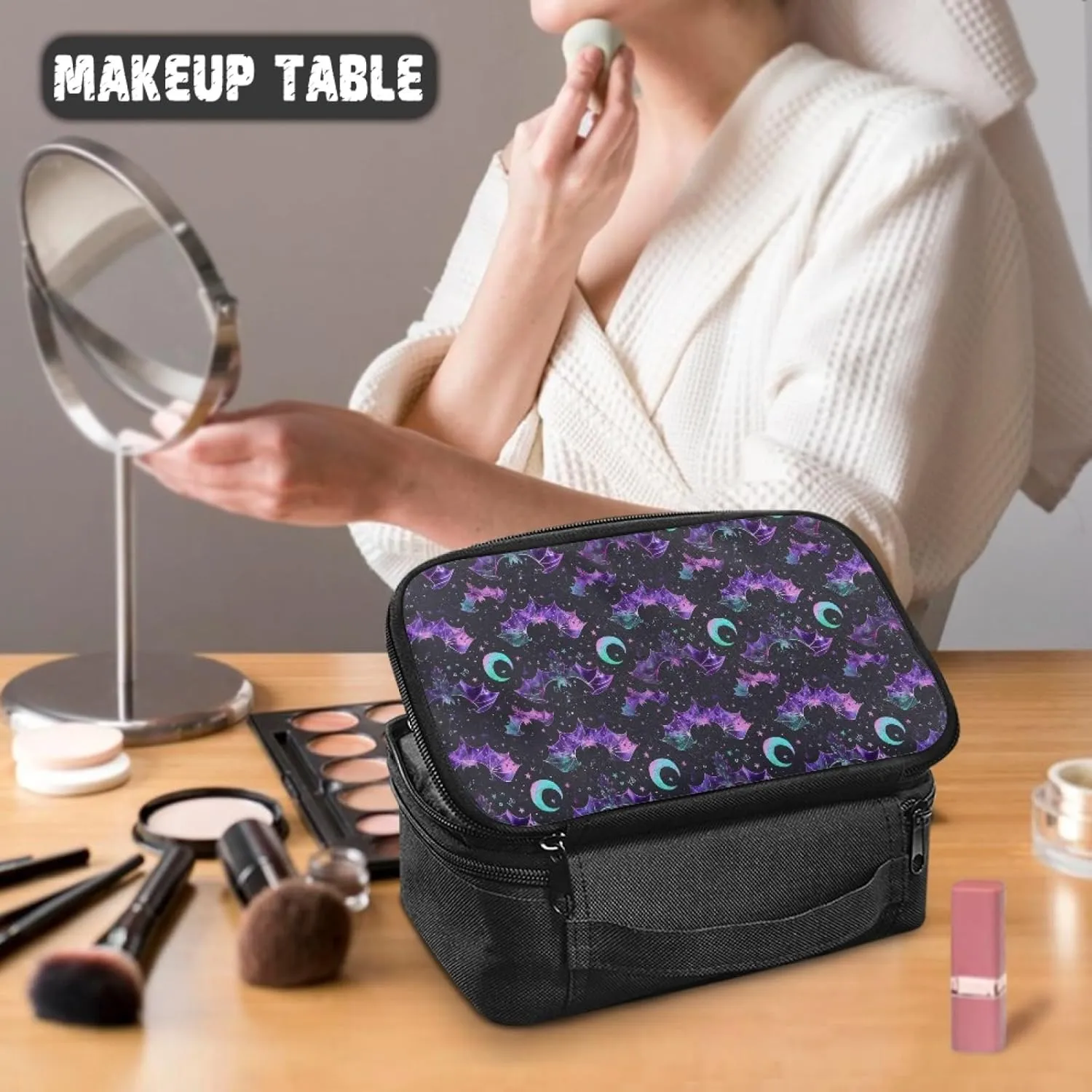Halloween Bat Ladies Makeup Bag for Women Multifunctional Make Up Bag,Star Moon Cosmetic Bag for Woman Office Supplies Skincare Organizer for Women Coin Purse Handbag