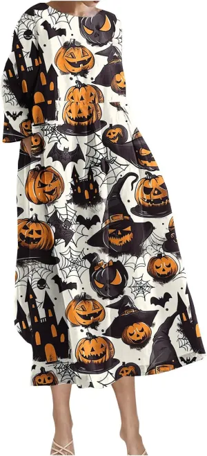Halloween Shift Dress for Women All Over Print Plus Size Casual T Shirt Dresses Flowy Swing Tunic Dress with Pockets