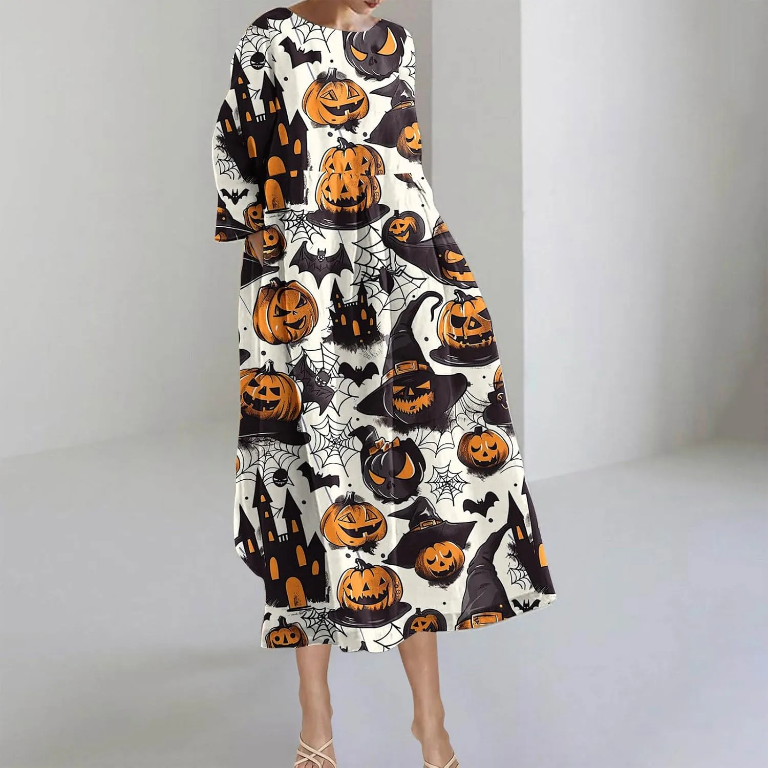 Halloween Shift Dress for Women All Over Print Plus Size Casual T Shirt Dresses Flowy Swing Tunic Dress with Pockets