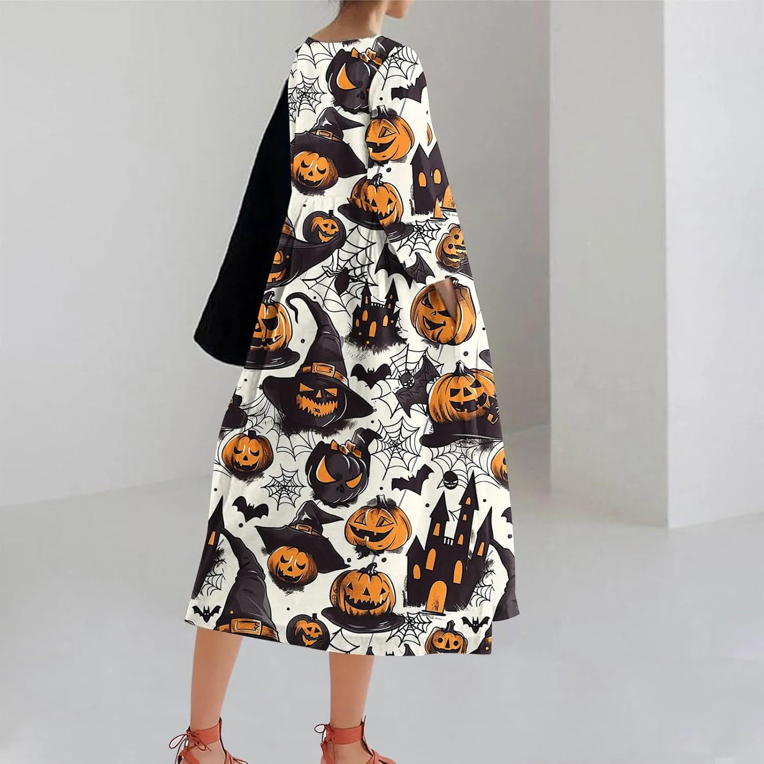 Halloween Shift Dress for Women All Over Print Plus Size Casual T Shirt Dresses Flowy Swing Tunic Dress with Pockets