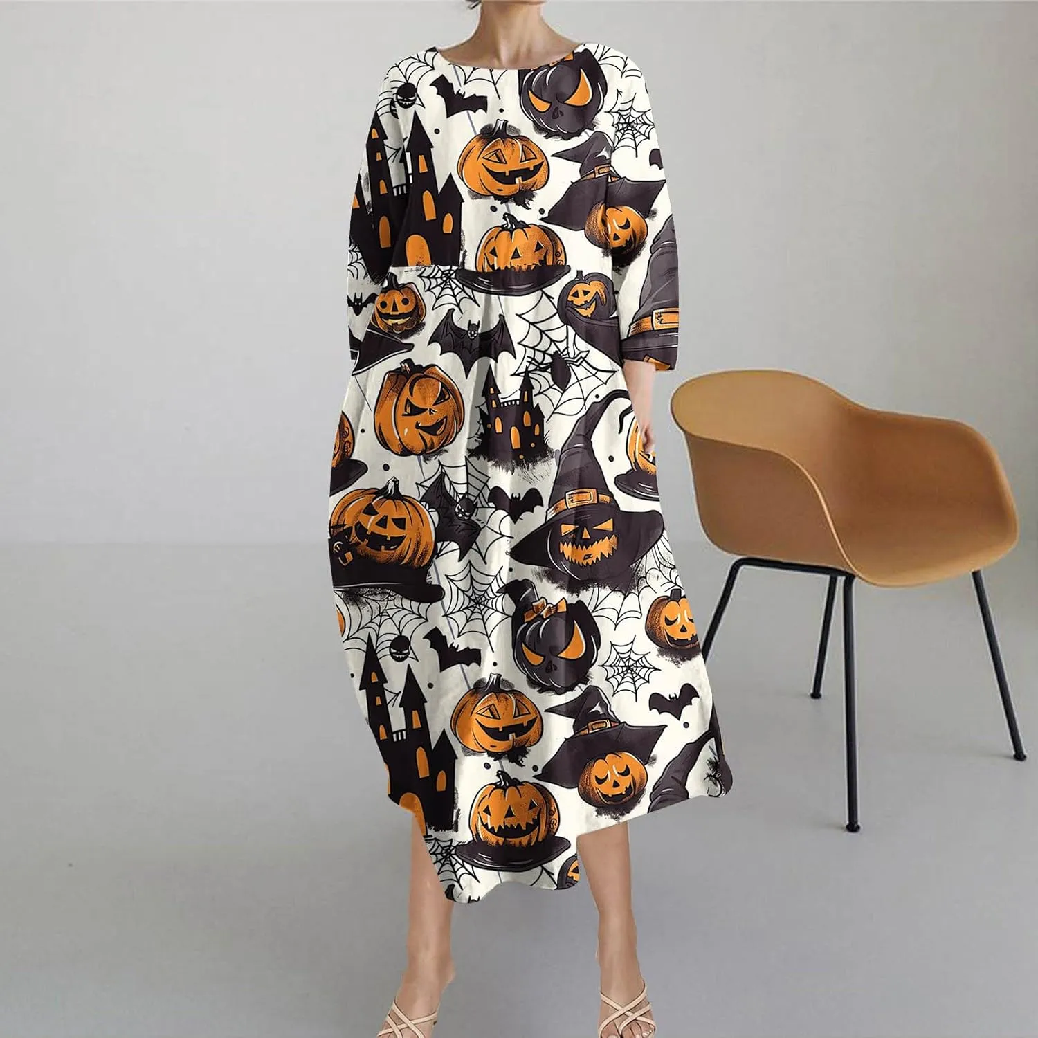 Halloween Shift Dress for Women All Over Print Plus Size Casual T Shirt Dresses Flowy Swing Tunic Dress with Pockets