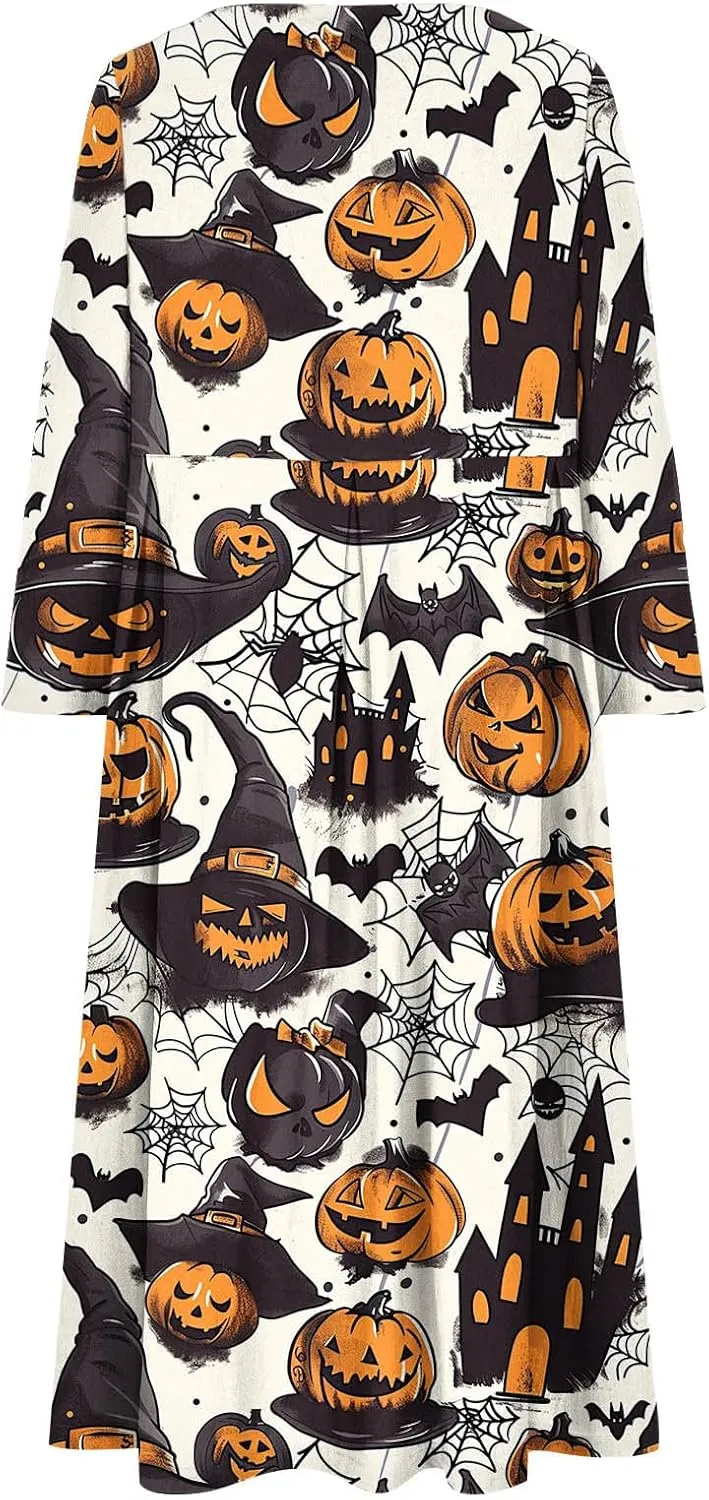 Halloween Shift Dress for Women All Over Print Plus Size Casual T Shirt Dresses Flowy Swing Tunic Dress with Pockets