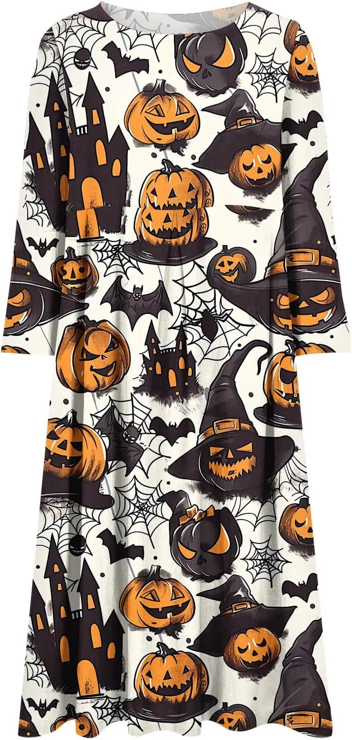 Halloween Shift Dress for Women All Over Print Plus Size Casual T Shirt Dresses Flowy Swing Tunic Dress with Pockets