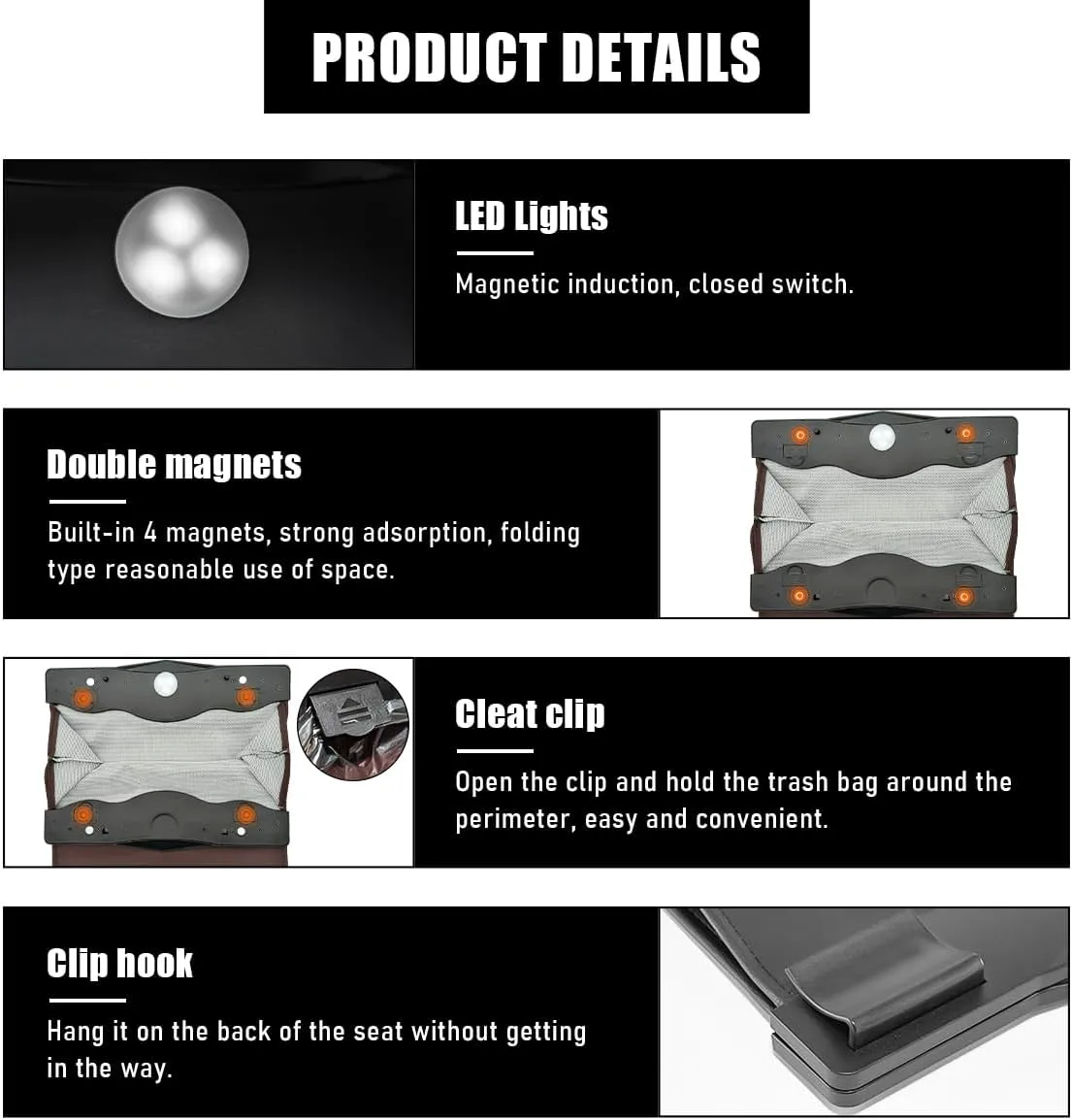 Hanging Car Trash Bag, Foldable Magnetic Garbage Can with Smart LED for Front Back Seat, Multi-Functional Waterproof Leather Rubbish Bag Storage Pocket, Car Accessories (Brown)