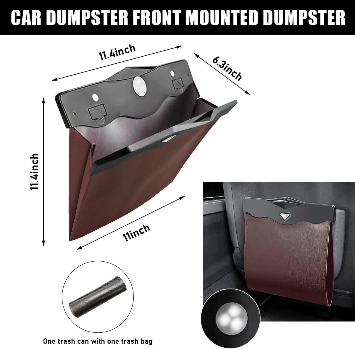 Hanging Car Trash Bag, Foldable Magnetic Garbage Can with Smart LED for Front Back Seat, Multi-Functional Waterproof Leather Rubbish Bag Storage Pocket, Car Accessories (Brown)