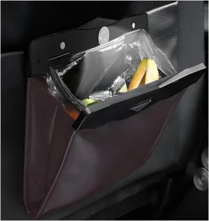 Hanging Car Trash Bag, Foldable Magnetic Garbage Can with Smart LED for Front Back Seat, Multi-Functional Waterproof Leather Rubbish Bag Storage Pocket, Car Accessories (Brown)
