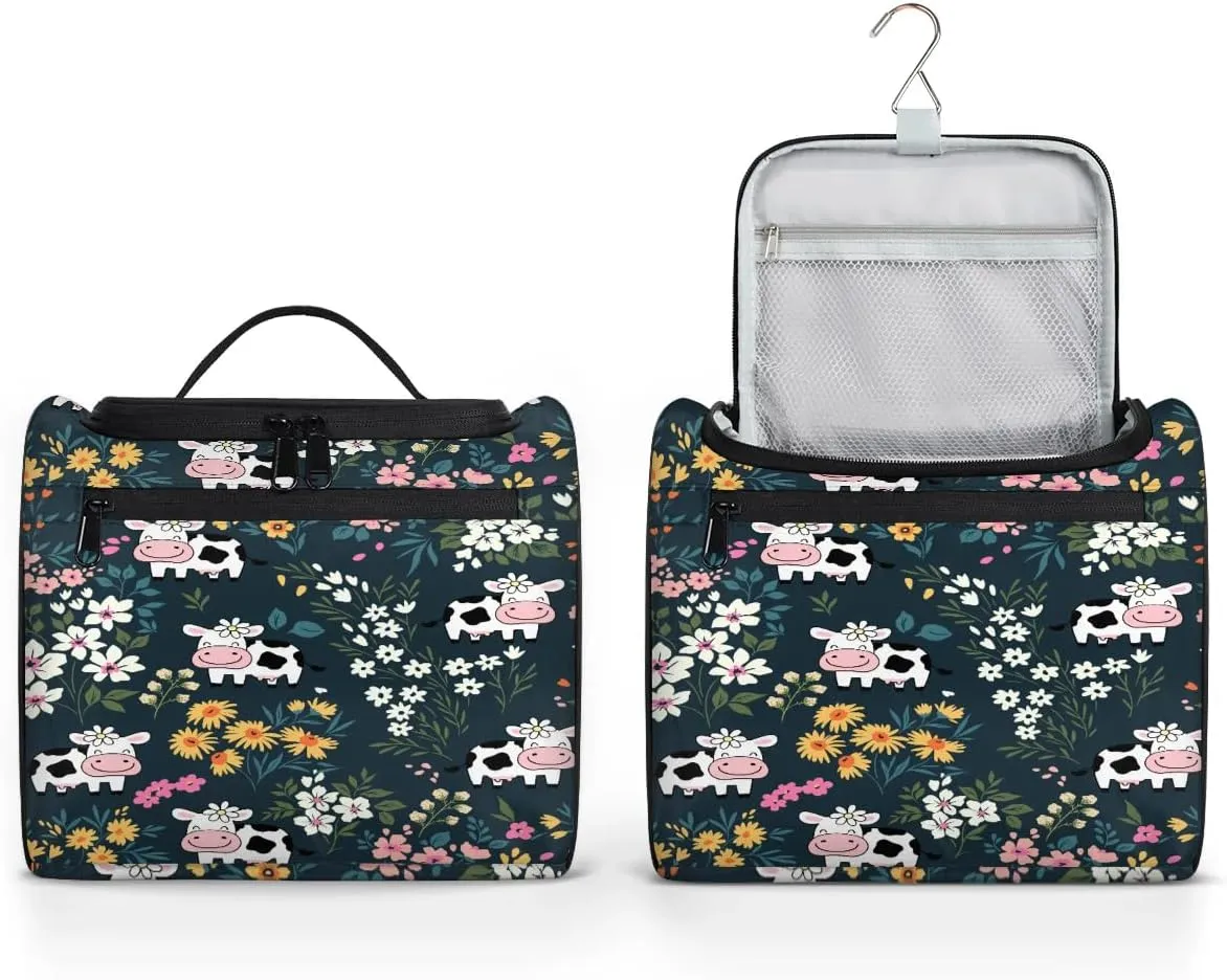Hanging Toiletry Bag Cute Cow Flower for Women Girls, Cosmetic Makeup Bag with Multi Compartments, Portable Travel Bag Organizer Large for Toiletries Accessories