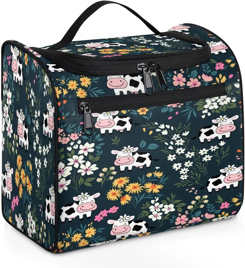 Hanging Toiletry Bag Cute Cow Flower for Women Girls, Cosmetic Makeup Bag with Multi Compartments, Portable Travel Bag Organizer Large for Toiletries Accessories