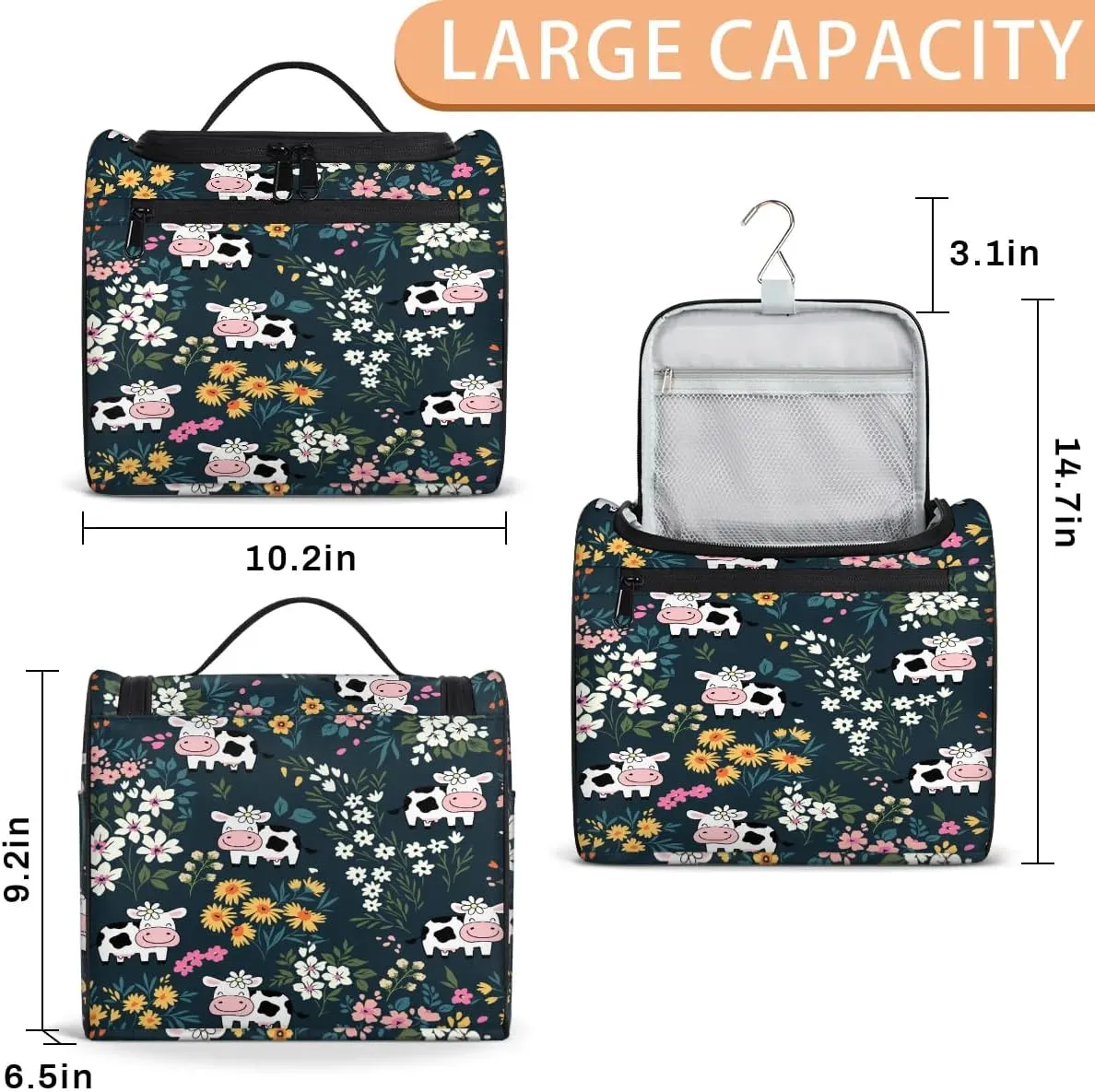 Hanging Toiletry Bag Cute Cow Flower for Women Girls, Cosmetic Makeup Bag with Multi Compartments, Portable Travel Bag Organizer Large for Toiletries Accessories