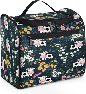 Hanging Toiletry Bag Cute Cow Flower for Women Girls, Cosmetic Makeup Bag with Multi Compartments, Portable Travel Bag Organizer Large for Toiletries Accessories