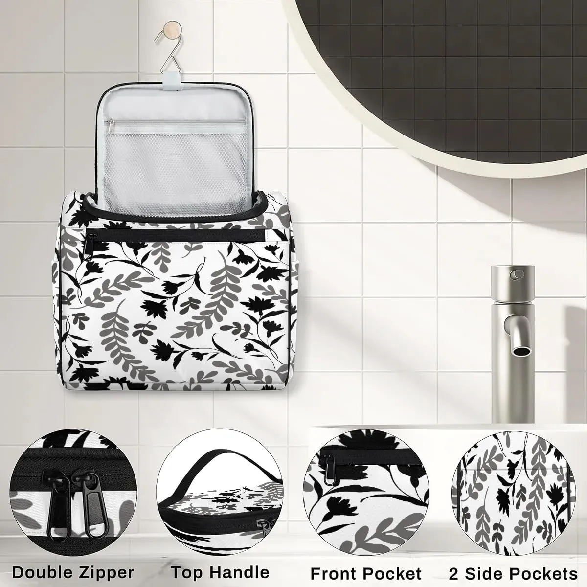 Hanging Toiletry Bag Floral Print for Women Girls, Cosmetic Makeup Bag with Multi Compartments, Portable Travel Bag Organizer Large for Toiletries Accessories