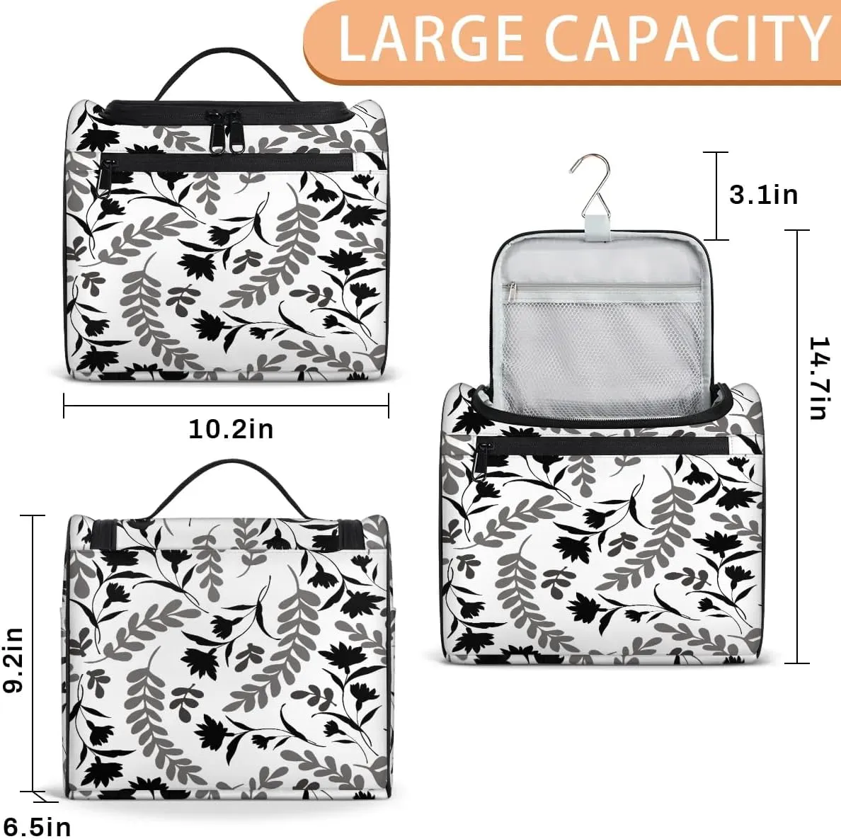 Hanging Toiletry Bag Floral Print for Women Girls, Cosmetic Makeup Bag with Multi Compartments, Portable Travel Bag Organizer Large for Toiletries Accessories