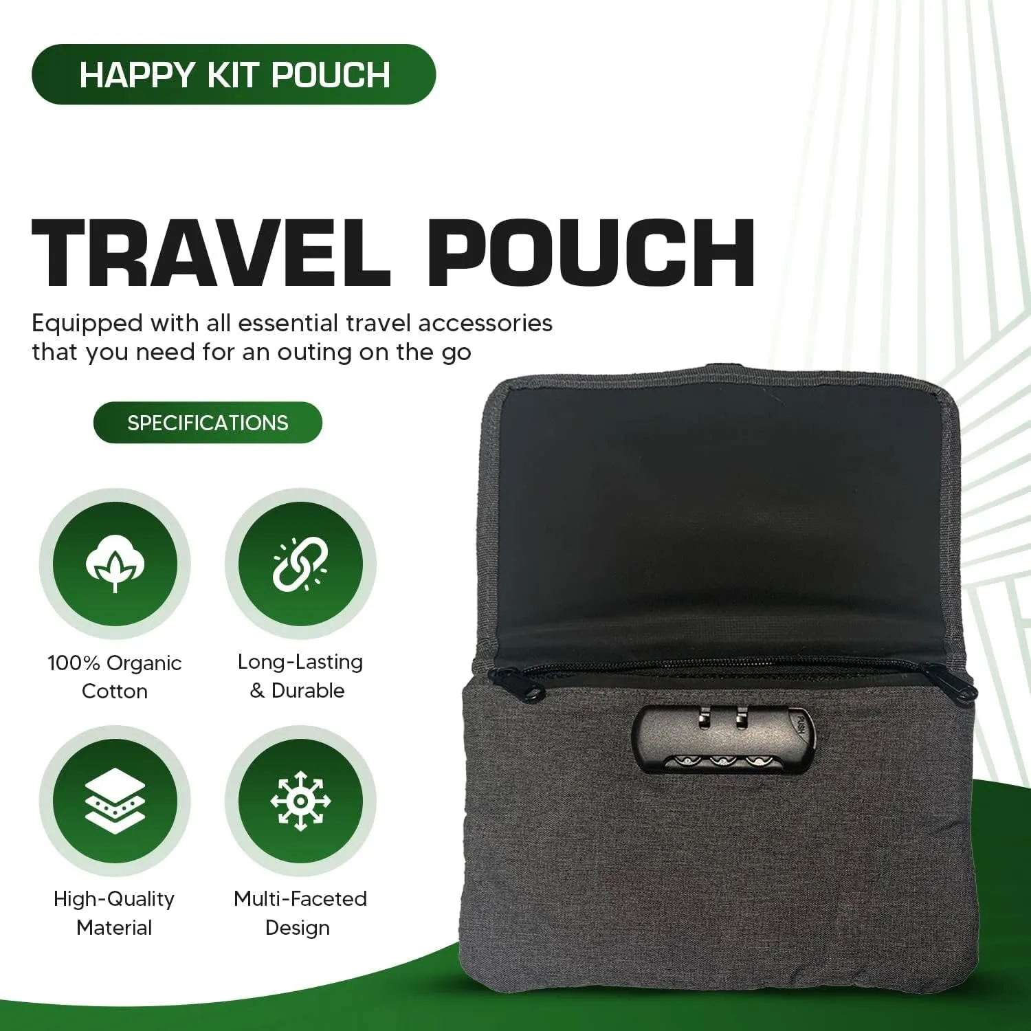 Happy Kit - Pouch with Lock, 9.69 x 6.34 x 1.26 Bag Kit for Travel and Home, Water Resistant Money Bag Organizer with Combination Lock, Portable Travel Bag