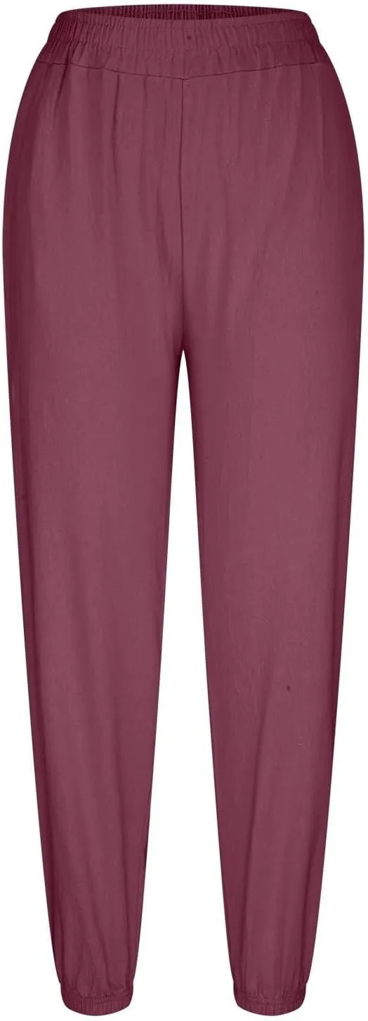 Harem Pants Women High Waisted Baggy Wide Leg Trousers Cotton Linen Palazzo Pants with Pockets Summer Outfits for Women
