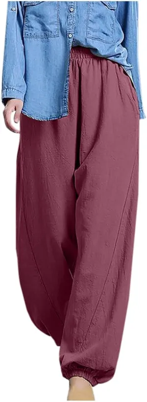 Harem Pants Women High Waisted Baggy Wide Leg Trousers Cotton Linen Palazzo Pants with Pockets Summer Outfits for Women