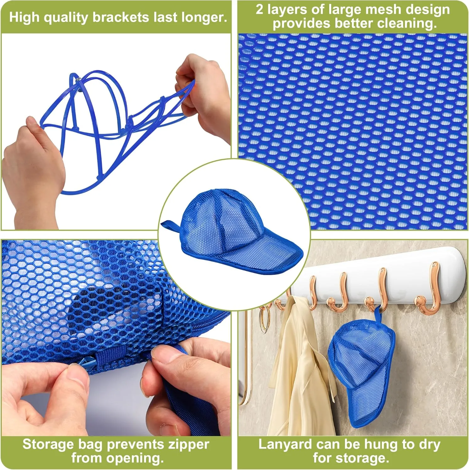 Hat Cleaner, Hat Washer Cage Foldable Hat Washer for Baseball Caps with Mesh Bags for Washing Machine, Dishwasher Hat Cage Protector Holder for Adult and Kid's Caps 2 Pack Blue