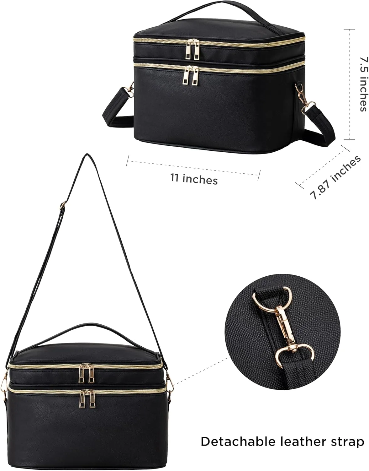 HBlife Extra Large Double Layer Travel Makeup Bag Portable Leather Cosmetic Bag Make Up Bag Makeup Case Organizer Toiletry Bag for Women Girls with Handle, Removable Divider and Shoulder Strap (Black)
